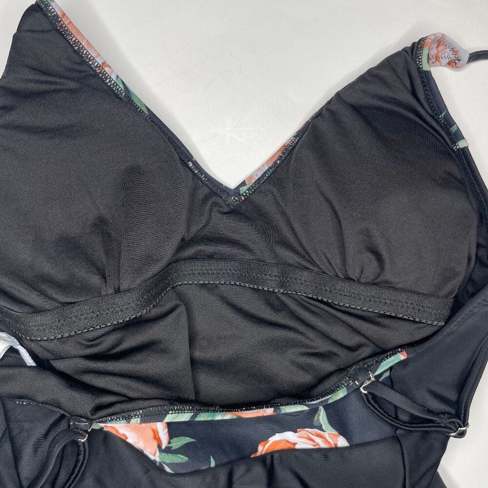 Cupshe Black Floral V-Neck One Piece Swimsuit Tummy Control Peony Print Size L - Picture 7 of 12